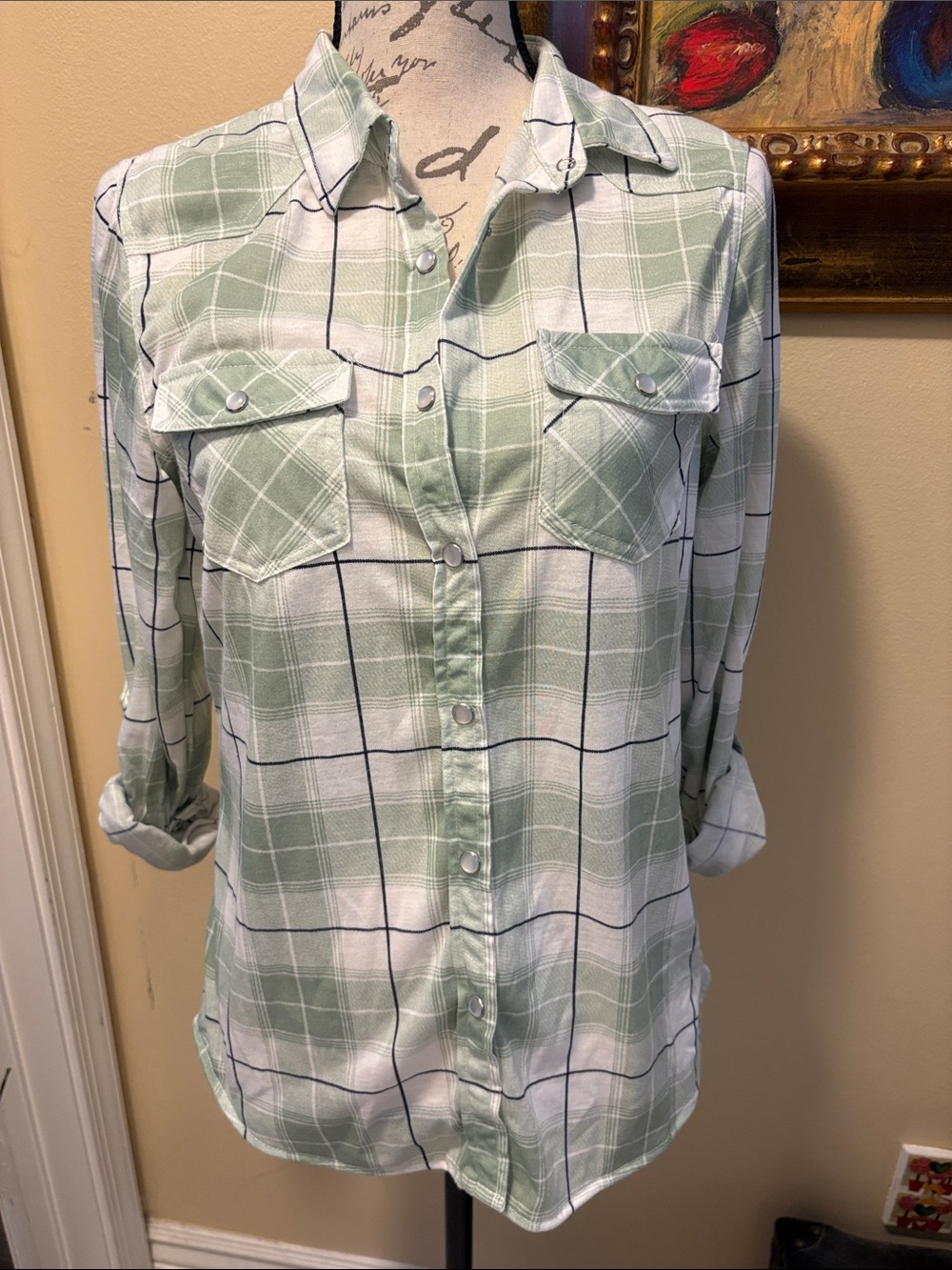 Passport Plaid White mop style Button-Down Snaps rollup sleeves Shirt